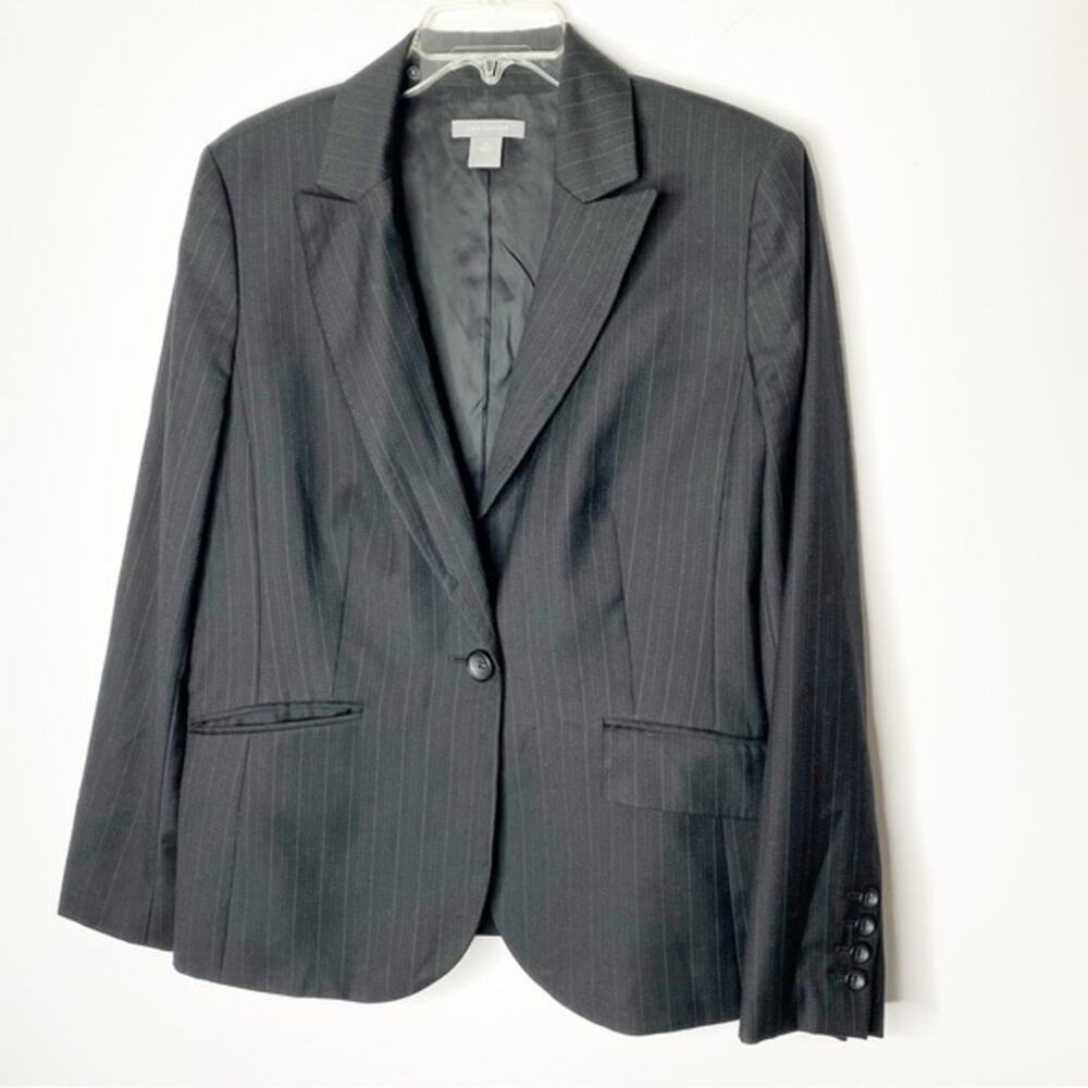 Ann Taylor Black Wool Pinstripe One Button Blazer‎ Size 14 Business Career Work